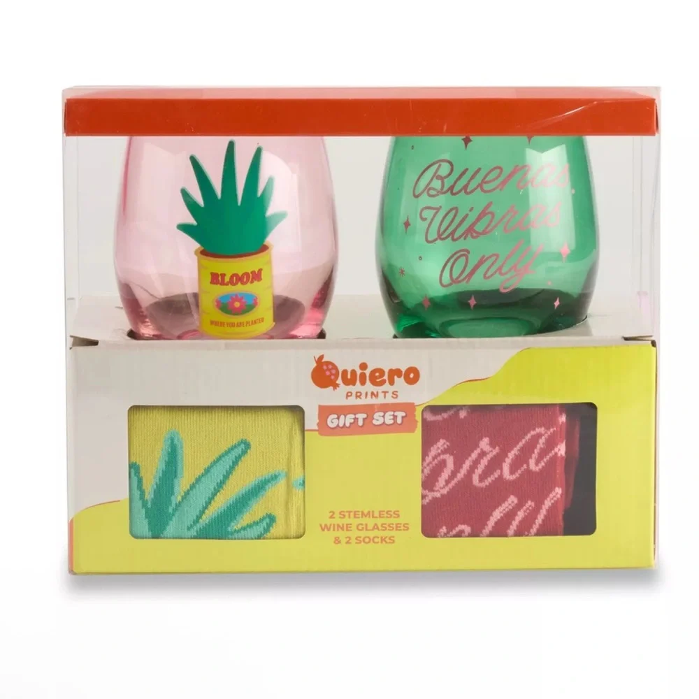Quiero Prints Buenas Vibras Stemless Wine Glass & Socks Gift Set NEW